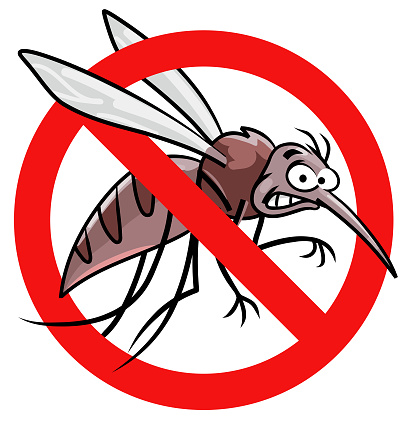 Vector illustration of an Anti-mosquito sign depicting a flying, fearful mosquito in red circle with diagonal line, isolated on white. Concept for mosquitos, insect repellents, insecticide, exterminator and protection.