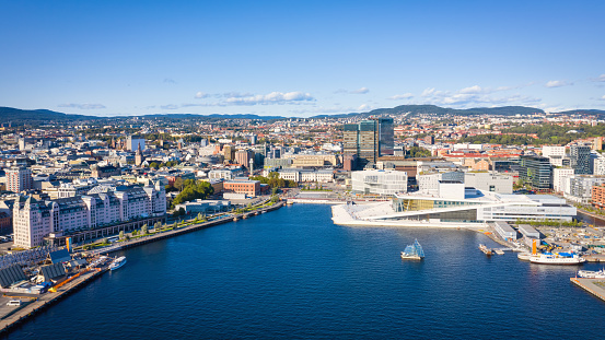 View over Oslo Downtown Harbor Waterfront Cityscape in Summer. Aerial Panorama over the sunny Oslo Harbor and Harbor Waterfront under a beautiful summer Sky. Oslo, Norway, Scandinavia, Europe