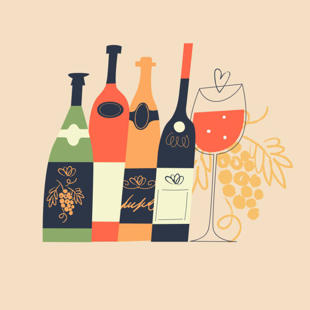 illustrations, cliparts, dessins animés et icônes de un ensemble de différentes bouteilles de vin colorées et un verre de vin. fête du vin. illustration vectorielle. - beaujolais nouveau