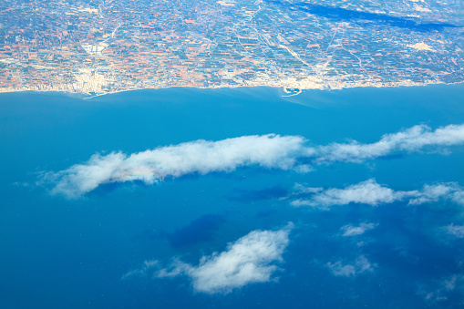 Flying Over the Balearic Sea . Aerial view of Spanish Coast
