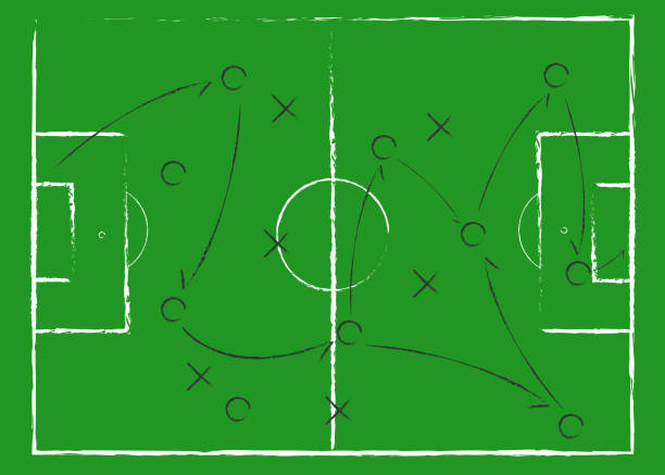 fußball-spiel taktisches schema. das schema des spiels. strategie. taktik. auf dem kreidebrett. für ihr design. vector kreidegrafik auf schwarzem brett - sports equipment team sport sport illustration and painting stock-grafiken, -clipart, -cartoons und -symbole