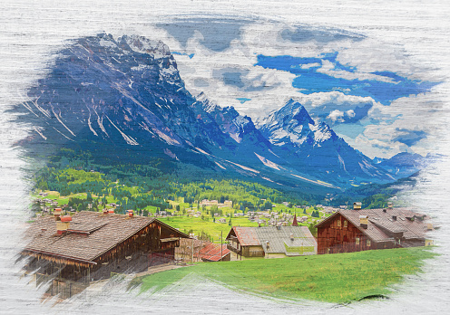 Cortina di Ampezzo in Dolomites, Italy, watercolor painting
