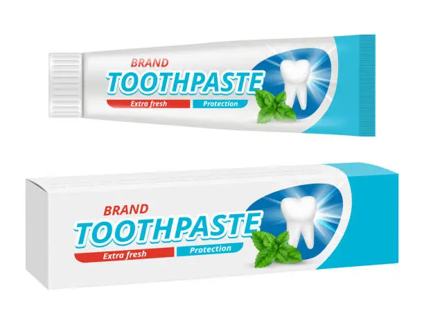 Vector illustration of Toothpaste package. Teeth dental protection box label vector design template
