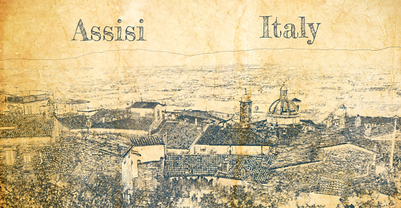 Old Assisi in Umbria, Italy, sketch on old paper