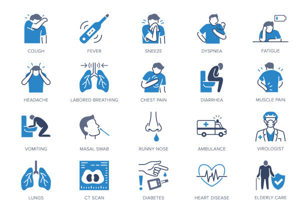 Coronavirus, flue virus symptoms flat icons. Vector illustration included icon as cough, fever, lung ct scan, pneumonia prevention blue silhouette pictogram for medical infographic Coronavirus, flue virus symptoms flat icons. Vector illustration included icon as cough, fever, lung ct scan, pneumonia prevention blue silhouette pictogram for medical infographic. symptom stock illustrations