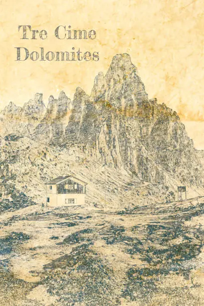 Sketch of mountain shelter Dreizinnen hut, Dolomites
