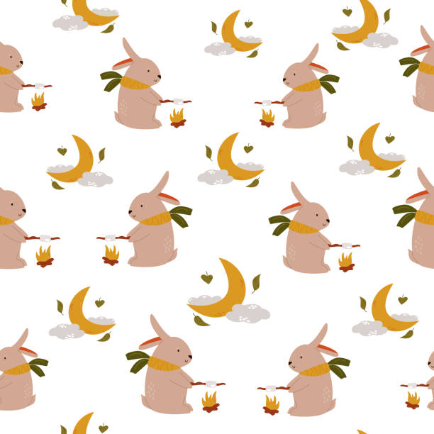 Cute seamless pattern with funny cute rabbits and marshmallows. Nursery vector illustration Cute seamless pattern with funny cute rabbits and marshmallows. Nursery vector illustration suitable for any kids products marshmallow rabbit stock illustrations