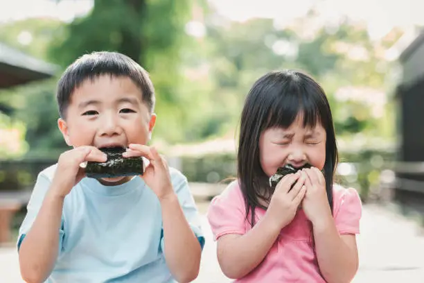 Japanese brother and sister eating onigiri in the park.