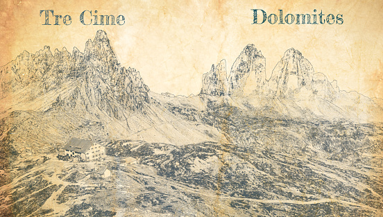 Tre Cime di Lavaredo in Dolomites, Italy, sketch on paper