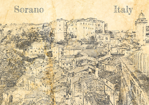 Small town Sorano over roofs, Italy, sketch on old paper