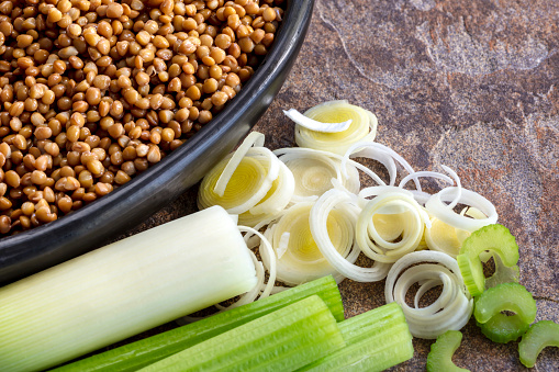 Lentils, leeks and celery.  Ingredients for healthy vegetarian soup.