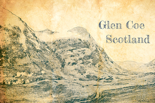 Mountains in Glencoe, Highlands in Scotland, sketch on old paper