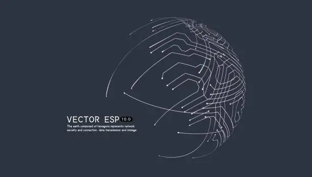 Vector illustration of Spherical circuit diagram composed of lines, network connection and data transmission