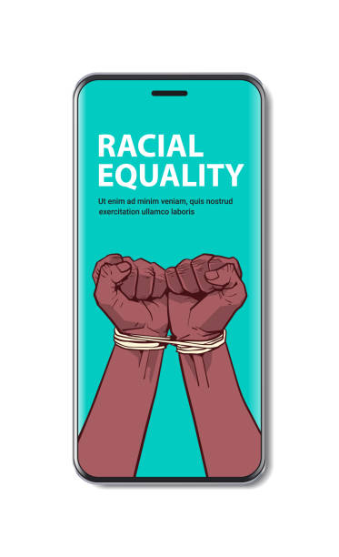 african american black fists tied with rope on smartphone screen stop racism racial equality Protests african american black fists tied with rope on smartphone screen stop racism racial equality Protests concept vertical copy space vector illustration ropes tied together stock illustrations