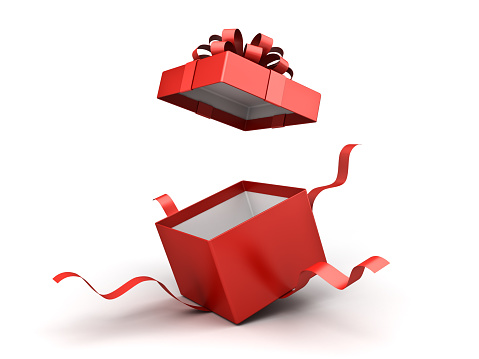 Caja de regalo roja abierta o caja de regalo con lazo de cinta roja aislado sobre fondo blanco con sombra photo