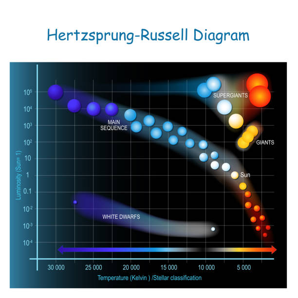 Hertzsprung Russell diagram Hertzsprung-Russell diagram. HR diagram showing stars in the Milky Way galaxy. Scatter plot of stars showing the relationship between the stars' luminosities versus, and temperatures. stellar evolution. Vector illustration galaxy diagram stock illustrations