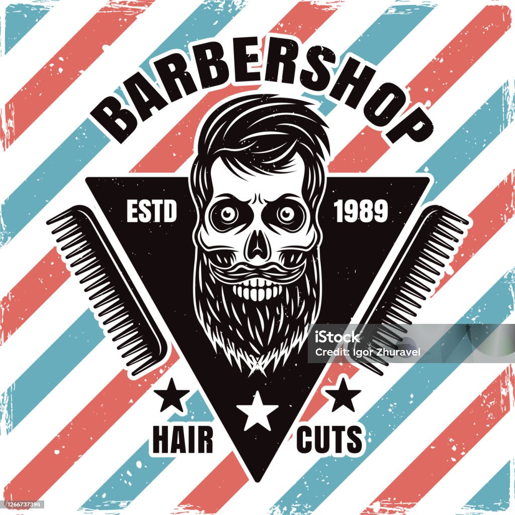 Biểu Tượng Barbershop Nhãn Huy Hiệu Hoặc Logo Với Hộp Sọ Có Râu Và ...