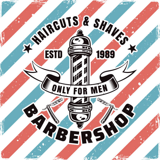 istock Barbershop emblem, label, badge or logo with barber pole and sample text isolated illustration with removable textures 1266737628