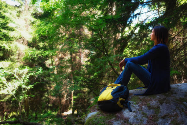 istock Female hiker looking at forest and takes a rest. 1266738217