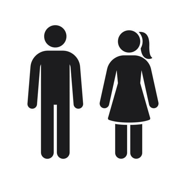 Men women vector sign, toilet silhouette symbol. Black gender stick figures for male and female bathroom Men women vector sign, toilet silhouette symbol. Black gender stick figures for male and female bathroom. dv stock illustrations