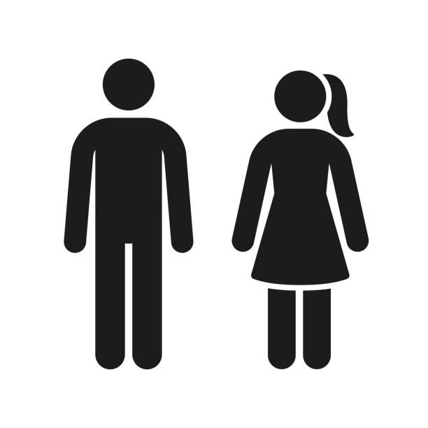 Men women vector sign, toilet silhouette symbol. Black gender stick figures for male and female bathroom Men women vector sign, toilet silhouette symbol. Black gender stick figures for male and female bathroom. mens room stock illustrations