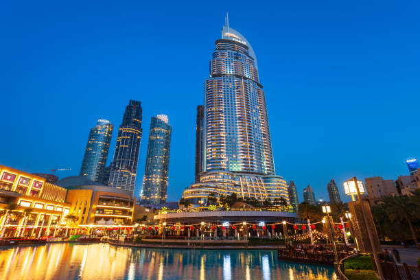 Address Downtown Hotel in Dubai DUBAI, UAE - FEBRUARY 24, 2019: Address Downtown is a 63 story supertall hotel and skyscraper in the Burj Dubai Development Area of Dubai, UAE khalifa stock pictures, royalty-free photos & images