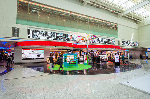 DUBAI, UAE - MARCH 02, 2019: Perfume shop in the duty free zone in the Dubai International Airport in UAE
