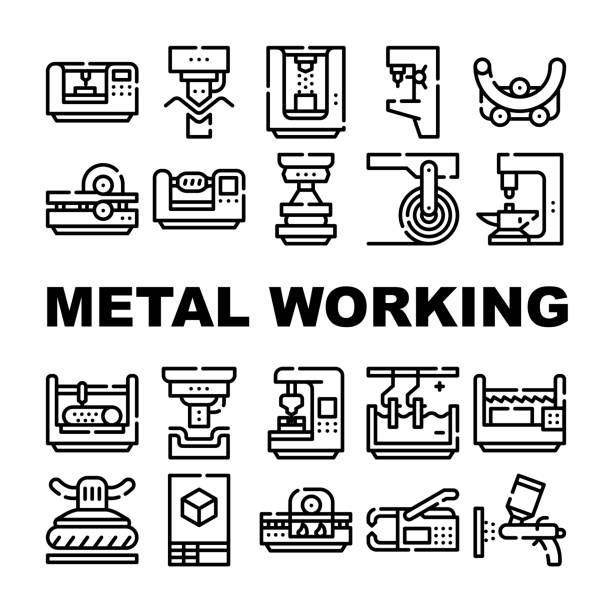 metallbearbeitung industrie sammlung icons set vector - slicing machine stock-grafiken, -clipart, -cartoons und -symbole