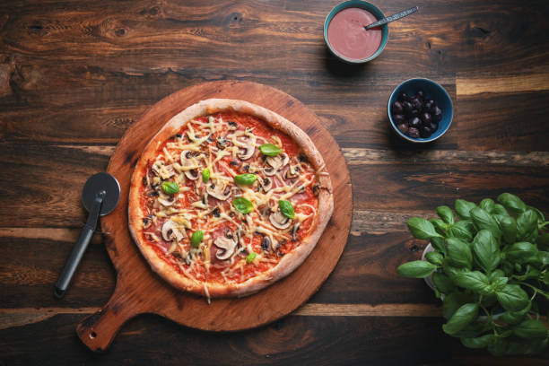 Pizza with Prosciutto Ham, Mushrooms and Fresh Basil