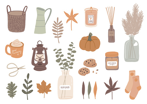 Vector set of autumn illustrations. Icon collection. Cute autumn home decor, food and leaves