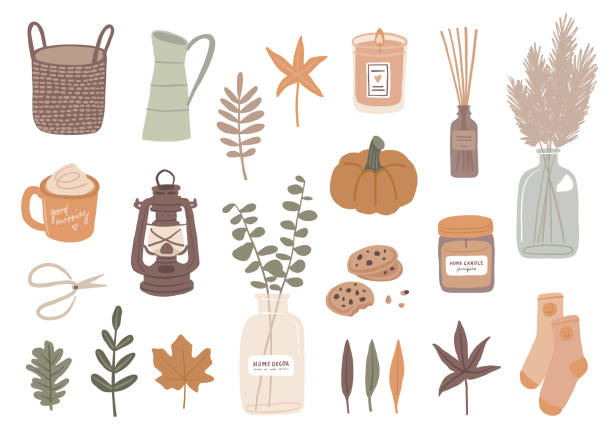 Autumn collection of hand drawn icons Vector set of autumn illustrations. Icon collection. Cute autumn home decor, food and leaves candle illustrations stock illustrations