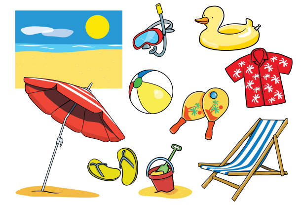 Summer objects collage,beach items set isolated. Holiday vocation symbol. Summer vacation vector set of colorful beach elements in cartoon style. Cute vector illustration on isolated background. Beach icon set, duckling, flower shirt, umbrella, hammock, ball, bucket, flip flops ... sand pail and shovel stock illustrations