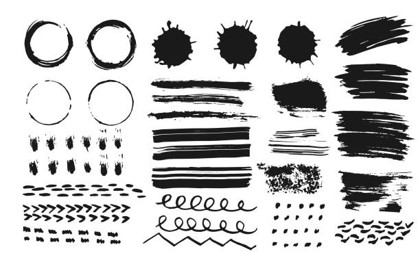 Ink brush strokes splash drop dot lines vector set Set of ink brush strokes, splashes and drops. Hand drawn doodle elements dot, dabs, wavy line. Abstract coffee circles of paint. Stains grunge splatter textures. Vector brushes Isolated illustration indigenous culture illustrations stock illustrations