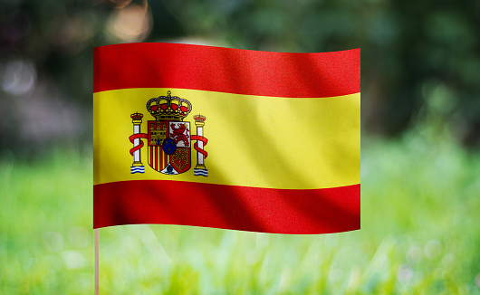 Spanish flag waving on a green background. Horizontal composition with copy space.
