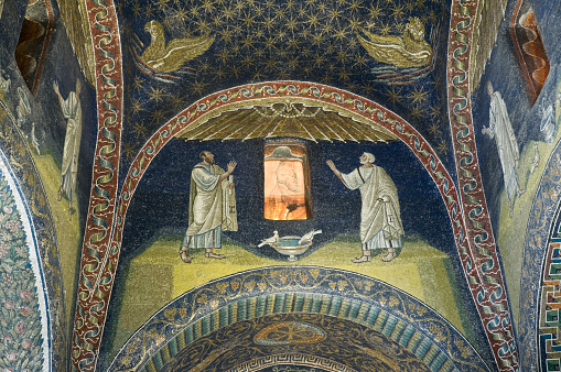 Apostle Paul and Peter. Mosaic from the Mausoleum of Galla Placidia in Ravenna, Emilia-Romagna, Italy. The Mausoleum - built between 425 and 450 - is one of the eight structures in Ravenna registered as UNESCO World Heritage Sites.