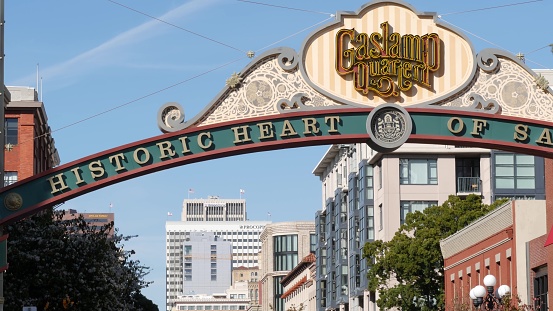 San Diego, California USA - 13 Feb 2020: Gaslamp Quarter historic entrance arch sign. Retro signboard on 5th ave. Iconic vintage signage, old-fashioned tourist landmark, city symbol and sightseeing.