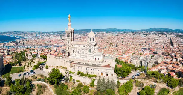 Notre Dame de la Garde or Our Lady of the Guard aerial view, it is a catholic church in Marseille city in France