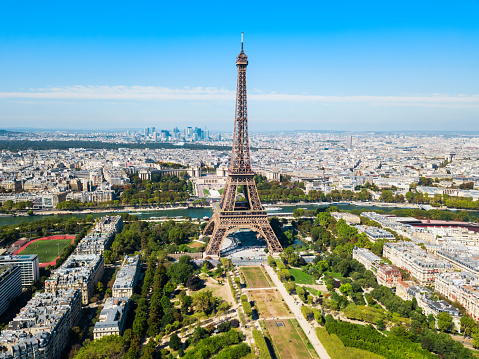 Eiffel Tower or Tour Eiffel aerial view, is a wrought iron lattice tower on the Champ de Mars in Paris, France