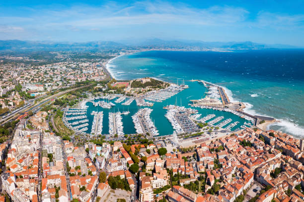 antibes aerial panoramic view, france - porto built structure commercial dock port wine imagens e fotografias de stock