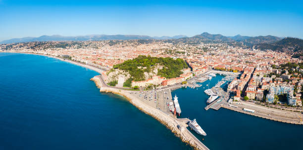 nice aerial panoramic view, france - city of nice france beach panoramic imagens e fotografias de stock