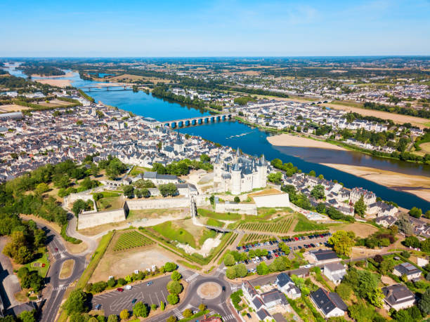 Saumur city aerial view, France Saumur city aerial panoramic view, Loire valley in France loire valley photos stock pictures, royalty-free photos & images