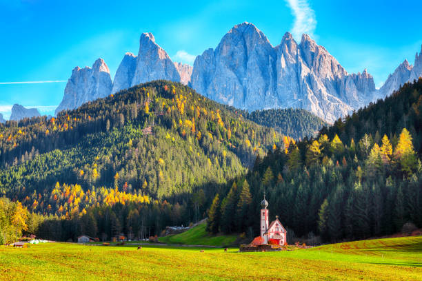 istock Captivating scenery in Dolomites with the St. John's in Ranui Chapel. 1266746991