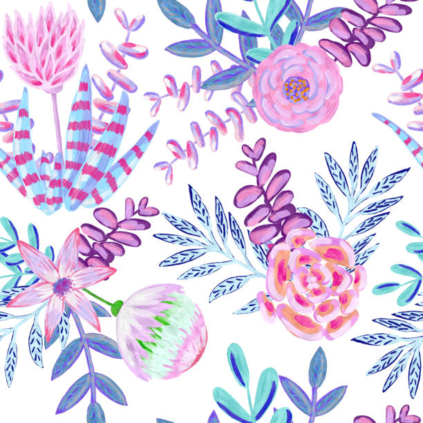 花のシームレスなパターン。手描きの葉、花、多肉植物がピンクの背景に隔離されたブーケ。オイル、アクリル絵画花柄。グリーティングカードと結婚式、誕生日やその他の休日や夏の招待� - multi colored floral pattern acrylic painting purple点のイラスト素材／クリップアート素材／マンガ素材／アイコン素材