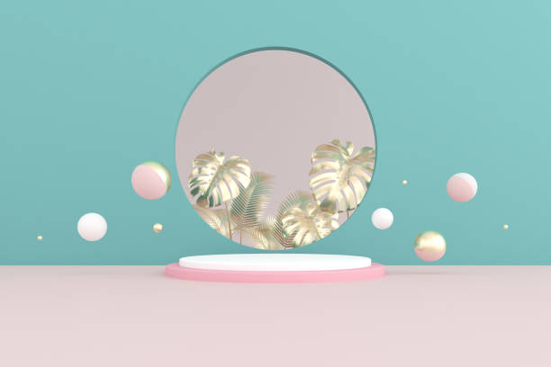 istock 3D rendering of geometry podium with golden plant. 1266747178