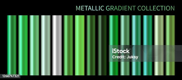 istock Metallic neon green chrome gradient vector colorful palette set. Holographic background color swatch template for banner, screen, mobile, label, web. Metal color gradient vector design 1266747321