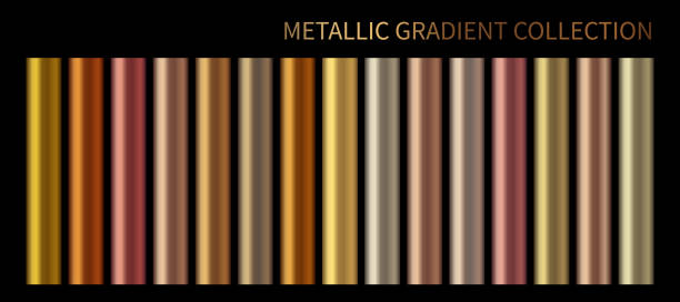 metall, bronze, silber, gold, chrom, kupfer metallfolie textur gradient vorlage vektor-swatch-set. metallische farbverlauf illustration abstufung für hintergründe, banner-schnittstelle vector template-design - medal platinum gold silver stock-grafiken, -clipart, -cartoons und -symbole