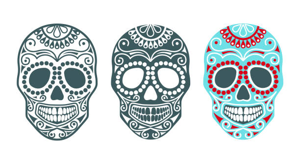 Sugar skull. Vector illustration for halloween and day of the dead. Set of sugar skulls for the day of the dead or halloween. Vector silhouettes of human skulls with patterns. Templates and stencils for the festive decor or tatoo . Skull head traditional mexican symbol white t shirt silhouette stock illustrations