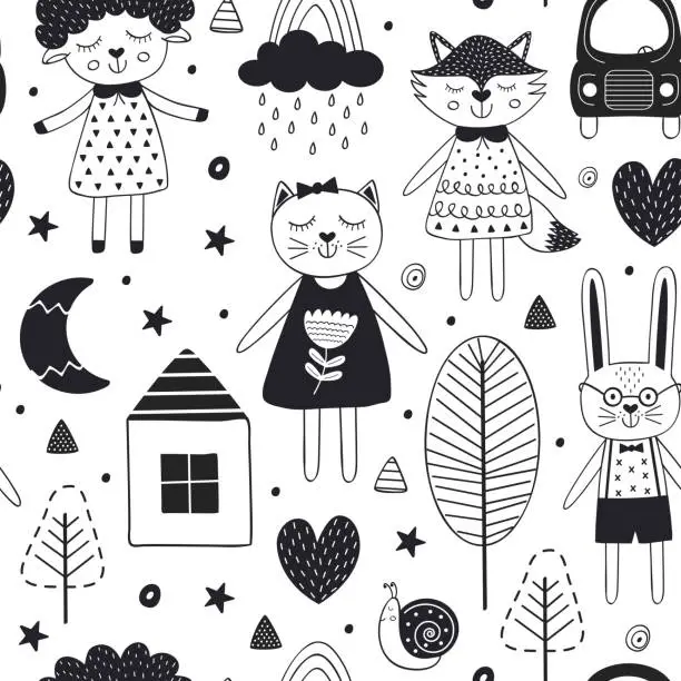 Vector illustration of monochrome seamless pattern with cute animals in Scandinavian style