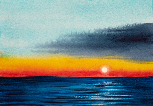 Red sunset with clouds on the sea Watercolor bright red sunset with clouds on the sea horizon illustrations stock illustrations
