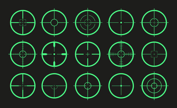 illustrazioni stock, clip art, cartoni animati e icone di tendenza di icona di destinazione. mirino e mira del cecchino. vista per pistola, fucile per militari. logo del periscopio nell'esercito. colpito da arma in bullseye. mirino preciso nel gioco. croce, punto per lente ottica. vettore. - rifle shooting target shooting hunting